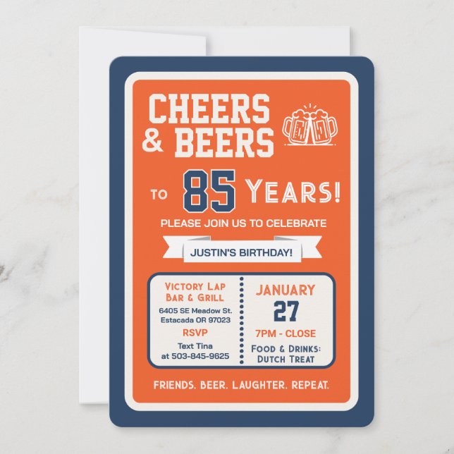 Invitación Sports Bar Birthday Cheers and Beers to 85 Years (Anverso)