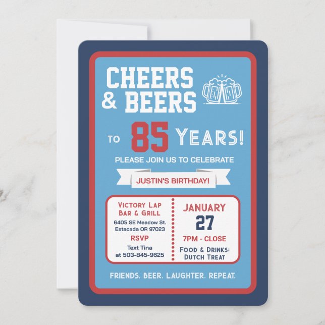 Invitación Sports Bar Birthday Cheers and Beers to 85 Years  (Anverso)