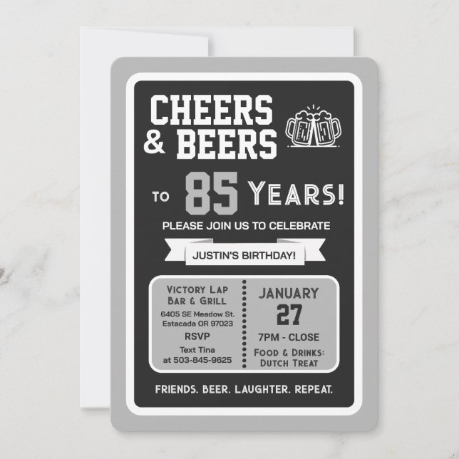 Invitación Sports Bar Birthday Cheers and Beers to 85 Years (Anverso)