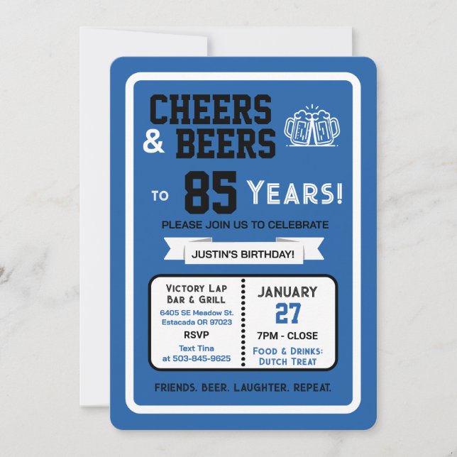 Invitación Sports Bar Birthday Cheers and Beers to 85 Years  (Anverso)