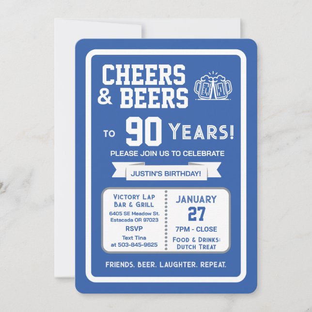 Invitación Sports Bar Birthday Cheers and Beers to 90 Years  (Anverso)