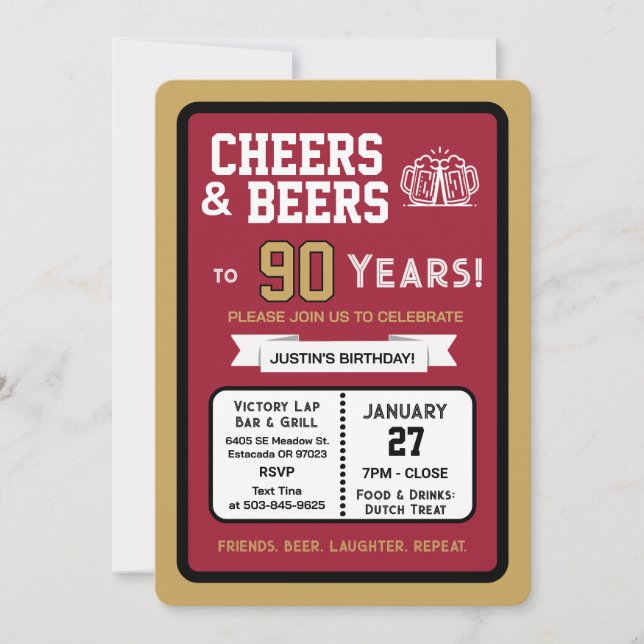 Invitación Sports Bar Birthday Cheers and Beers to 90 Years  (Anverso)