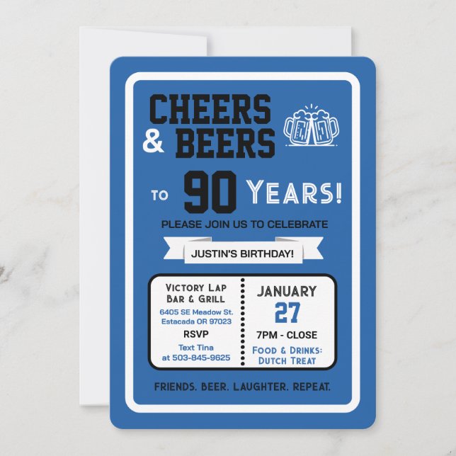 Invitación Sports Bar Birthday Cheers and Beers to 90 Years  (Anverso)