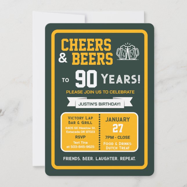 Invitación Sports Bar Birthday Cheers and Beers to 90 Years (Anverso)