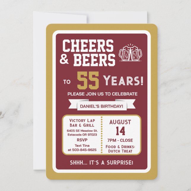 Invitación Sports Bar Surprise Party Cheers to 55 Years (Anverso)