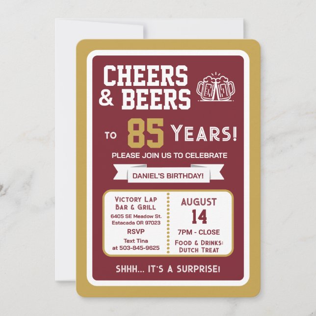 Invitación Sports Bar Surprise Party Cheers to 85 Years (Anverso)