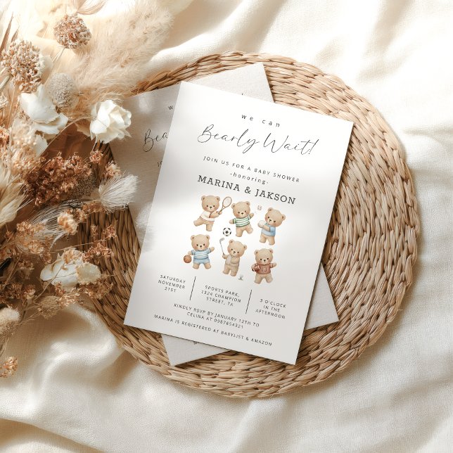 Invitación Sports Bear Baby Shower. Bearly Wait (we can bearly wait sport bear invite)