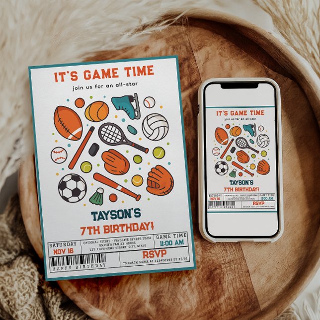 Invitación Sports Game Time All-Star 7th Birthday Party | Boy (Sports Game Time All-Star Birthday | Kids Sport invite)