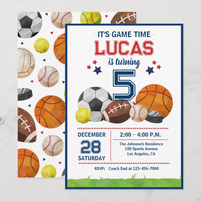 Invitación Sports Game Time All-Star Birthday Party (Anverso / Reverso)
