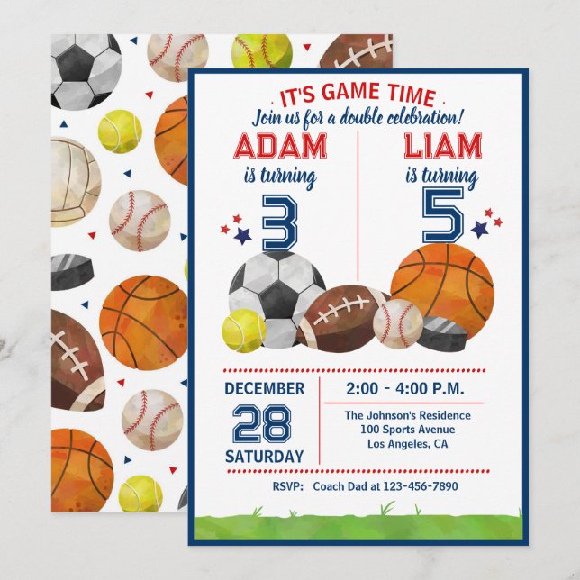 Invitación Sports Game Time All-Star  Birthday Party (Anverso / Reverso)