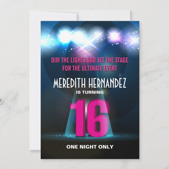 Invitación Spotlight Star Pink Sweet 16 (Anverso)
