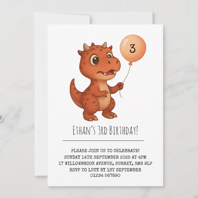 Invitación Spotted Red Dino with Peach Balloon Birthday (Anverso)