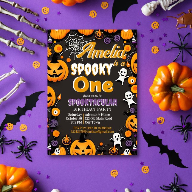 Invitación Sppoky one Halloween cumpleaños groovretro (Spooky one Halloween birthday party template invitation instant download baby ghosts jack o lanterns)