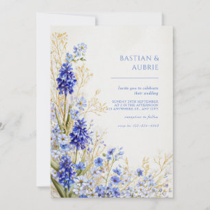 Invitación Spray Botánico Bodas Muscari Azul Hierba Dorada