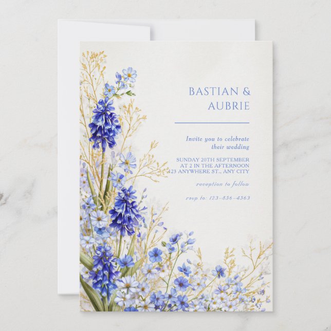 Invitación Spray Botánico Bodas Muscari Azul Hierba Dorada (Anverso)