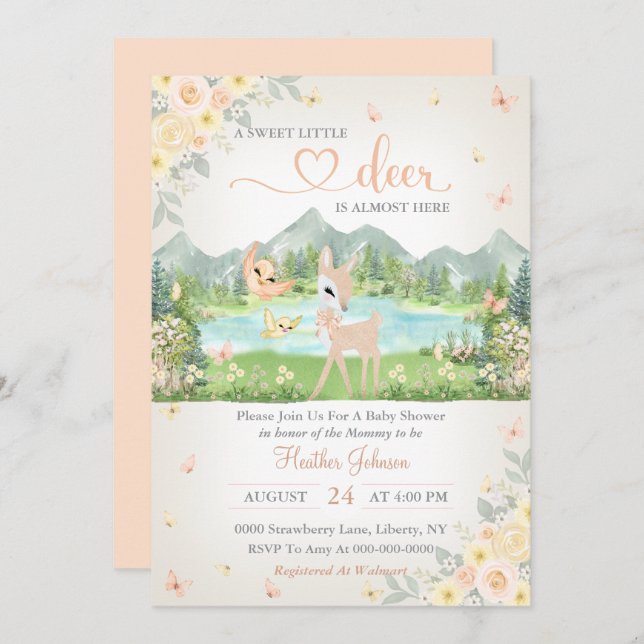 Invitación Spring Bloom and Butterflies Deer Baby Shower  (Anverso / Reverso)