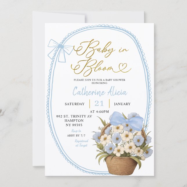 Invitación Spring Blue Bow Daisy Baby in Bloom Baby Shower (Anverso)