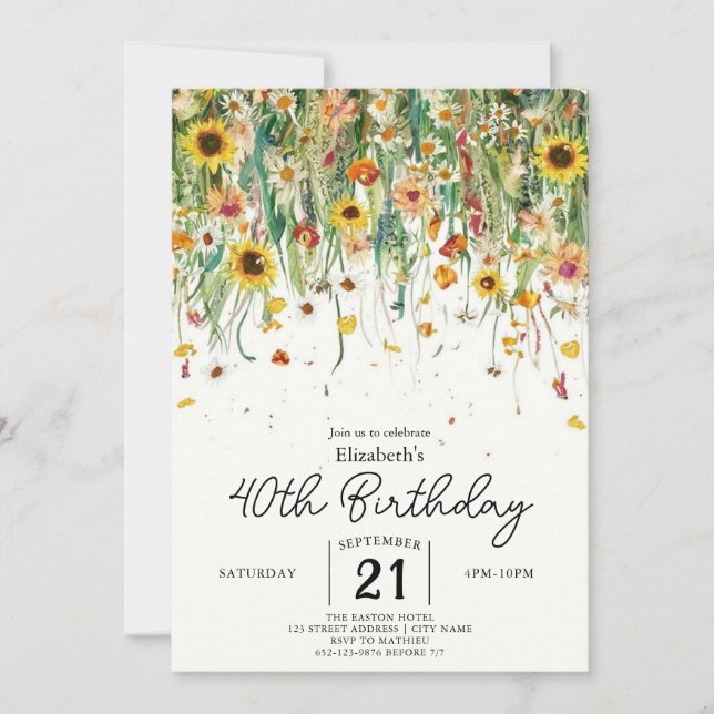 Invitación Spring Boho Wildflowers 40 cumpleaños (Anverso)