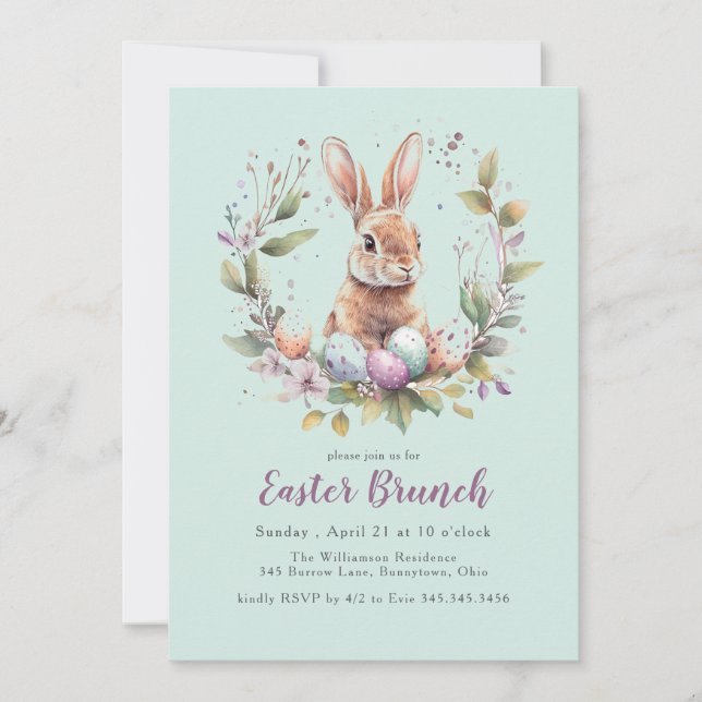 Invitación Spring Bunny Wreath Easter Brunch Holiday (Anverso)