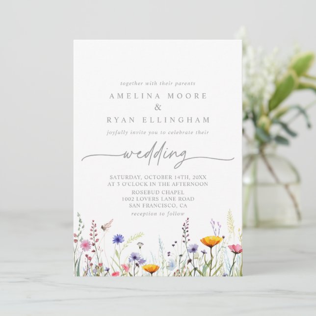 Invitación Spring Colorful Wildflower Front & Back Wedding (Anverso de pie)