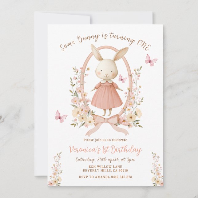Invitación Spring Cute Floral Bunny Rabbit 1st Birthday  (Anverso)