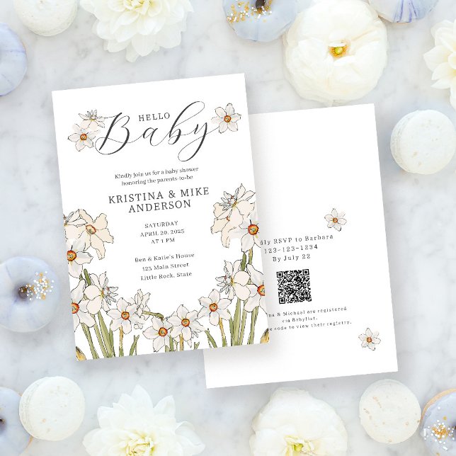 Invitación Spring Daffodil Código QR Hola Baby Shower (Subido por el creador)