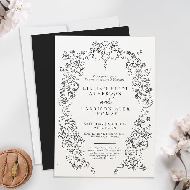 Invitación Spring Fleur de lis boda arte blanco negro (Subido por el creador)