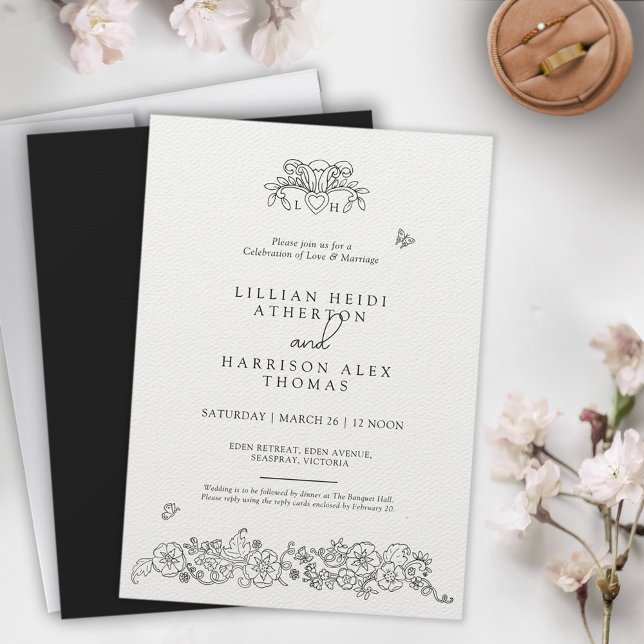Invitación Spring Fleur de lis boda arte blanco negro (Subido por el creador)