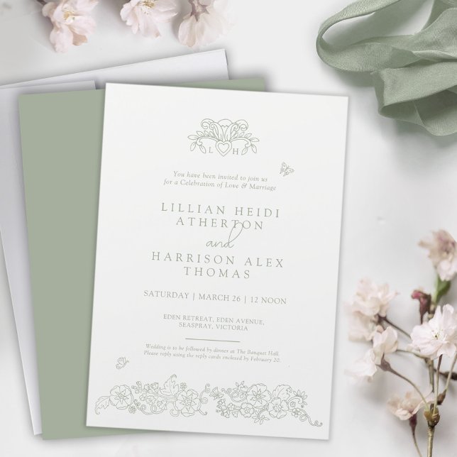 Invitación Spring Fleur de lis boda sage white art verde (Subido por el creador)