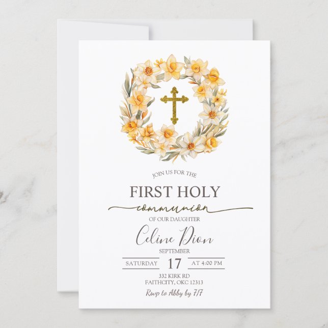 Invitación Spring Floral Daffodil Wreath 1st Holy Communion (Anverso)