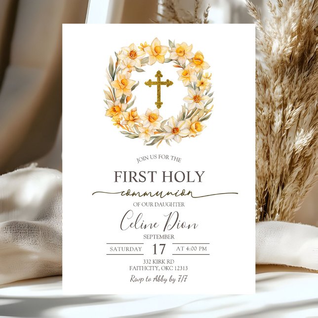 Invitación Spring Floral Daffodil Wreath 1st Holy Communion (Subido por el creador)