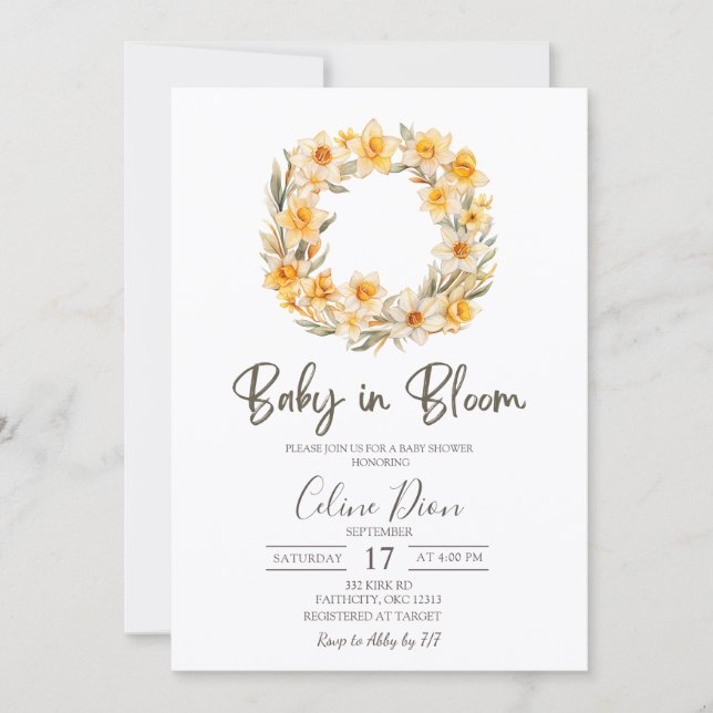 Invitación Spring Floral Daffodil Wreath Baby Shower  (Anverso)