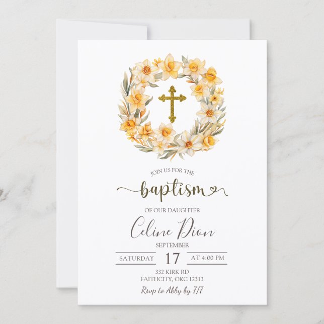 Invitación Spring Floral Daffodil Wreath Baptism (Anverso)