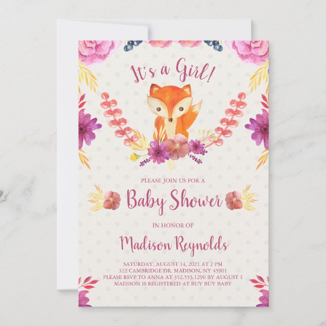 Invitación Spring Floral y Fox Baby Shower (Anverso)
