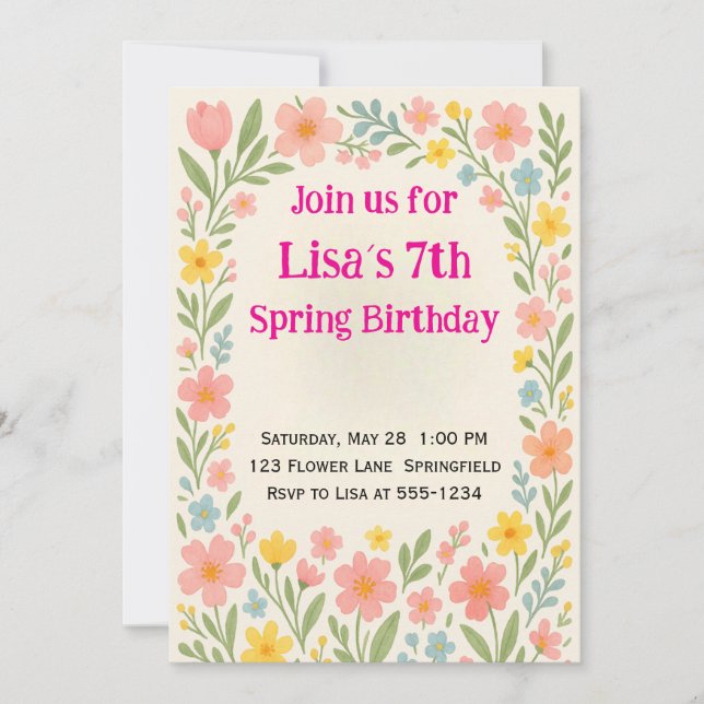 Invitación Spring Flower Birthday (Anverso)