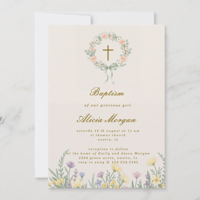 Invitación Spring Garden Floral Cross Baptism Invitation (Anverso)