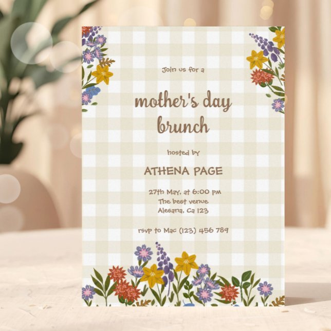 Invitación Spring Gingham Floral Mother's Day (Mother’s Day Brunch Invitation Template | Floral Mother's Day Invite | Editable Mother's Day Event I)