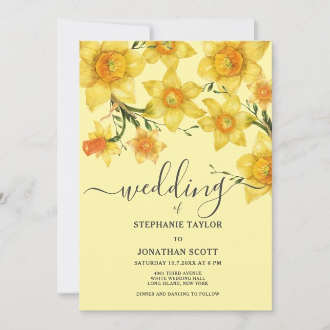 Invitación Spring golden green daffodils flowers wedding (Anverso)