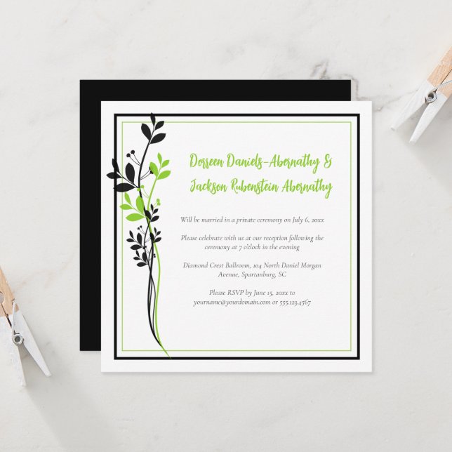 Invitación Spring Green and Black Floral Reception Only | (Anverso/Reverso In Situ)