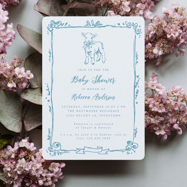 Invitación Spring Lamb Cute Doodle Blue Boy Baby Shower (Subido por el creador)