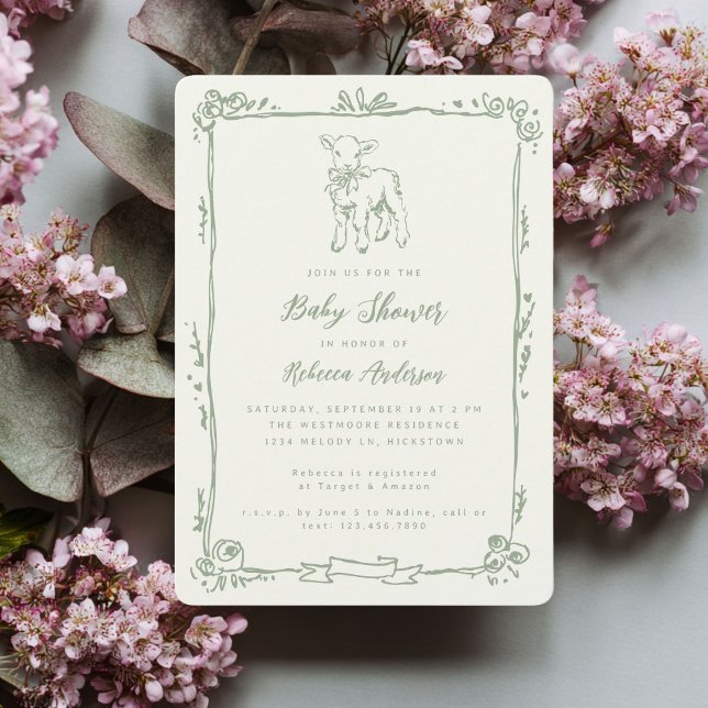 Invitación Spring Lamb Cute Doodle Sage Green Baby Shower (Subido por el creador)