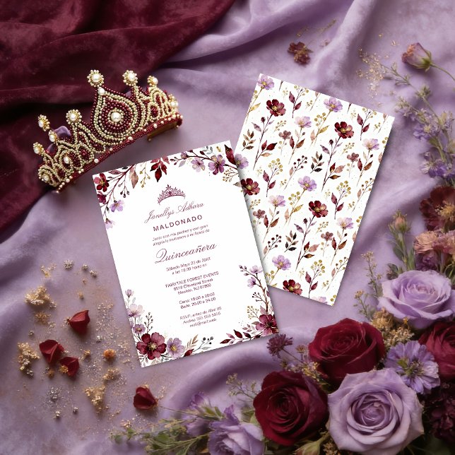 Invitación Spring Purple-Toned Botanical Branches Tiara XVs (Stylish Spring Botanical Purple-Toned Exquisite Branches Quinceañera Invitation Cards.)