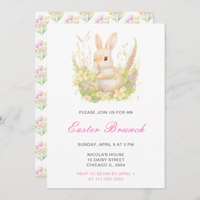 Invitación Spring Rabbit Easter Brunch (Anverso / Reverso)