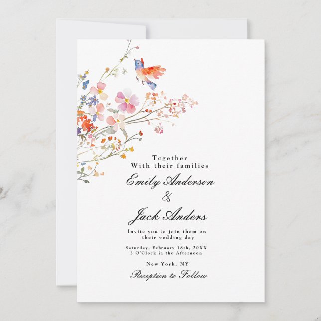 Invitación spring simple hand drawn Floral elegant wedding (Anverso)