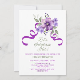 Invitación Spring Violet Flower Greenery Surprise Birthday