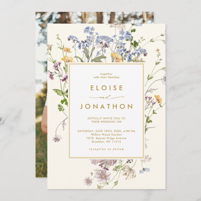 Invitación Spring Wildflower Meadow Garden Photo Gold Boda (Anverso / Reverso)
