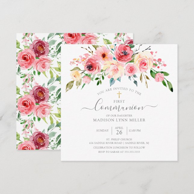 Invitación Springtime Peonies Rosa Comunión Floral (Anverso / Reverso)