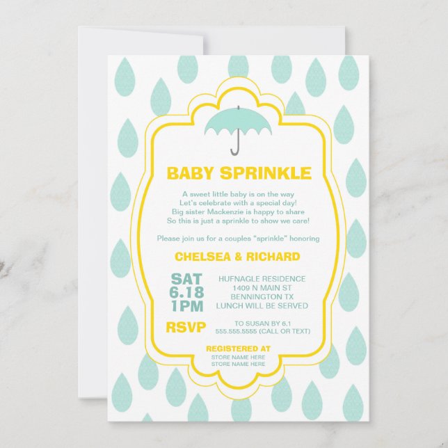 Invitación Sprinkle Baby Shower invita a la lluvia amarillo v (Anverso)