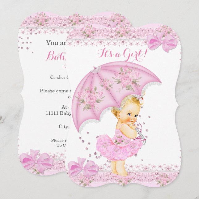 Invitación Sprinkle Blonde Baby Shower Chica Floral Rosa (Anverso / Reverso)