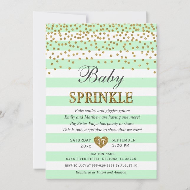 Invitación Sprinkle de bebé neutral verde menta y dorado (Anverso)